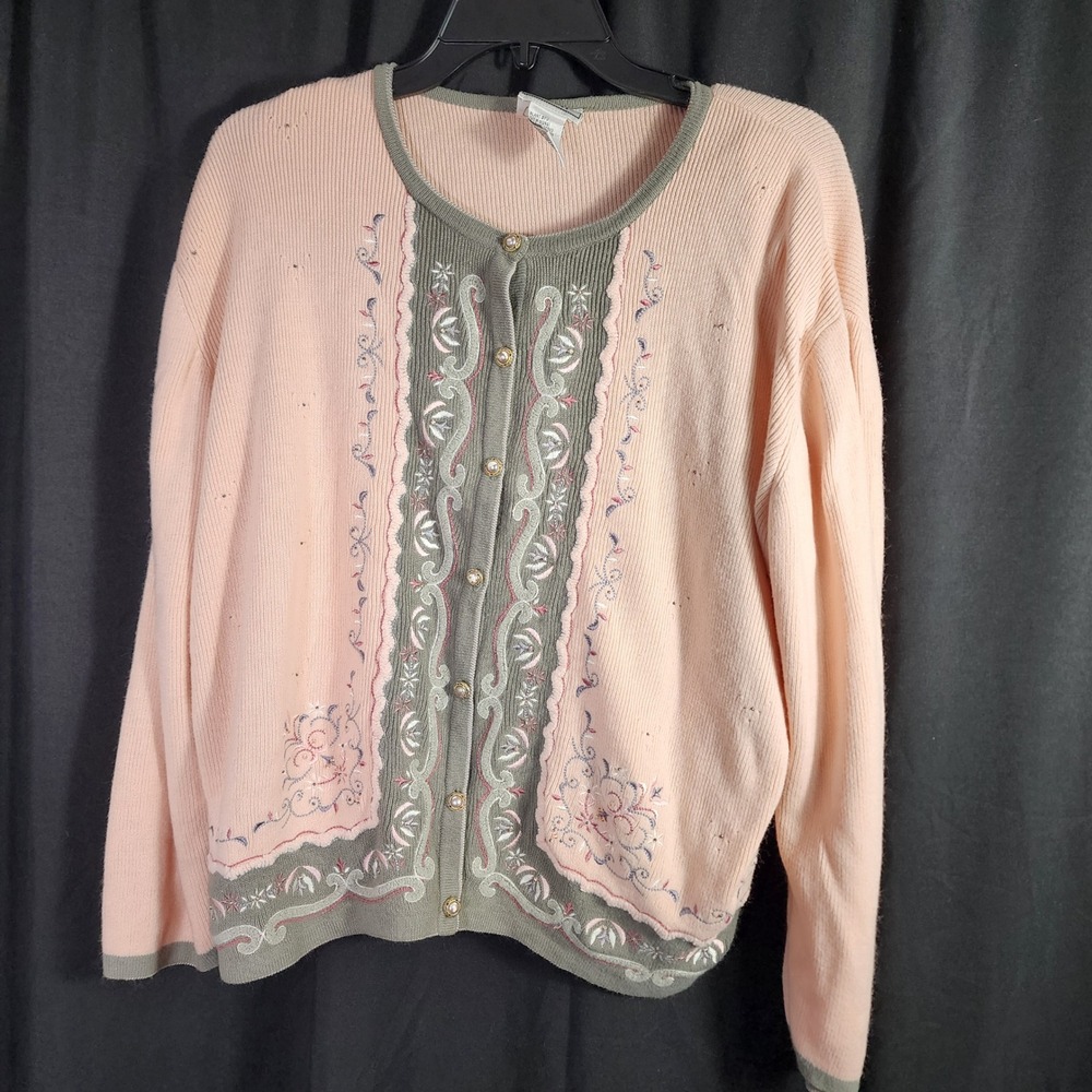 Champ Napa Valley Pink Gray Embroidered Grandma Cardigan‎ Sweater Women M pearl